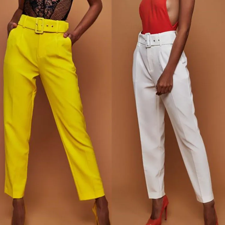 

High Waist Belted Straight Leg Slacks For Ladies Women Trousers