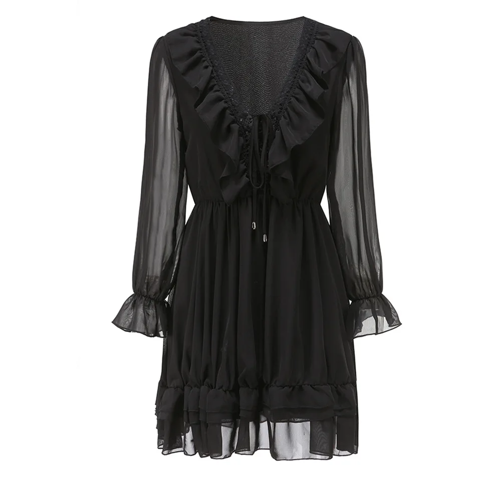 

2021 Spring New European And American Black Sexy V-neck Lace Halter Puff Sleeve Short Skirt Casual Dress, Shown