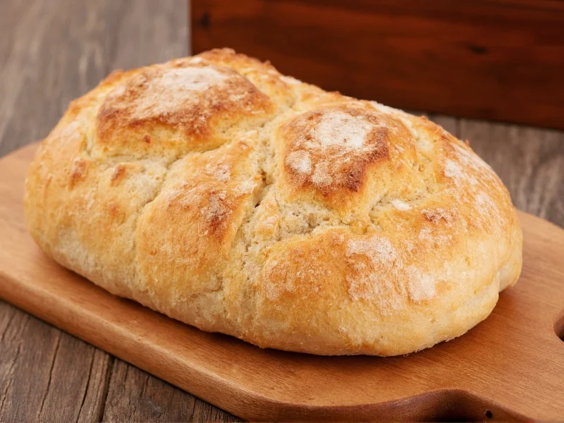 Freshly baked homemade bread with golden crust on wooden board