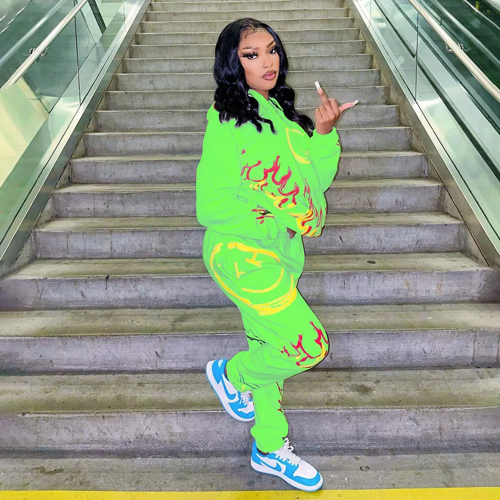 

Yingchao Trendy 2021 Autumn New Casual Hip Hop Zipper Hood Loose Hole High Waisted Long Pants Sweater Sets for Women Fall Sets