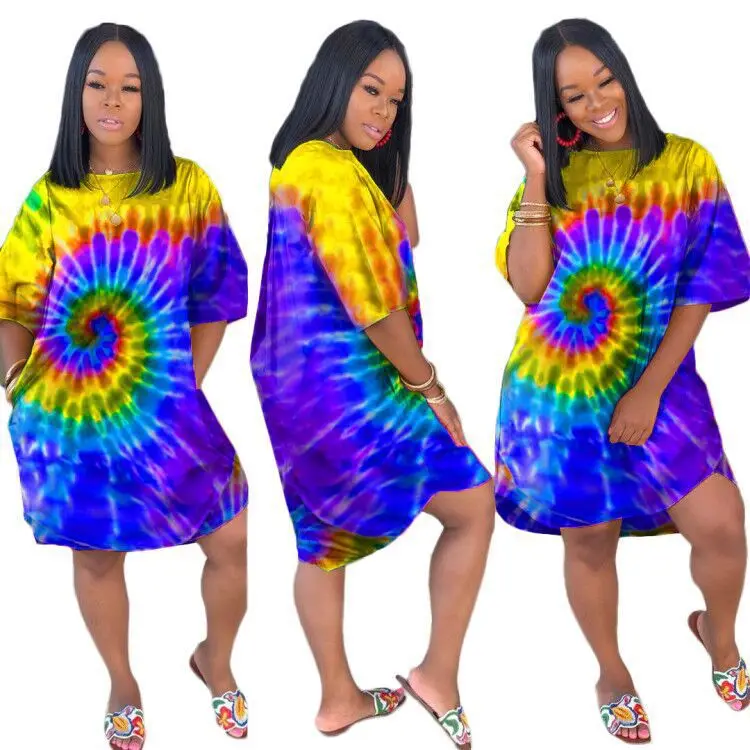 

Wish Amazon fashion casual printed T-shirt Tie-dyed women T-shirt summer casual dress