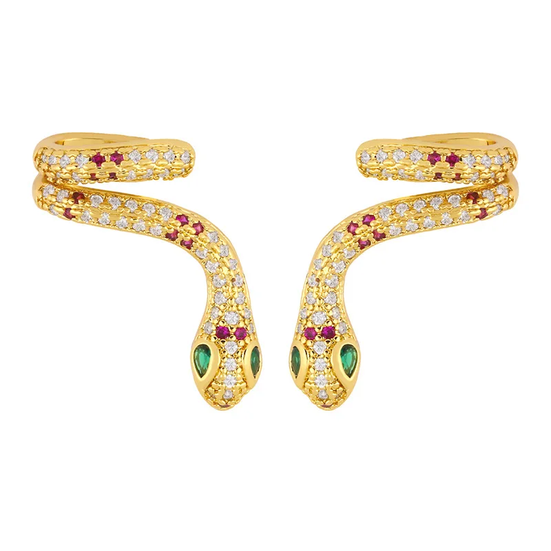 

Best selling colorful cubic zircon no pierce gold cuff snake earrings