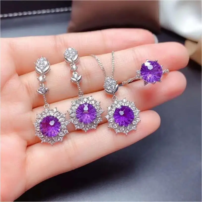 

Hainon Purple zircon stone plated silver women jewelry sets earrings rings necklace Bride jewelry sets