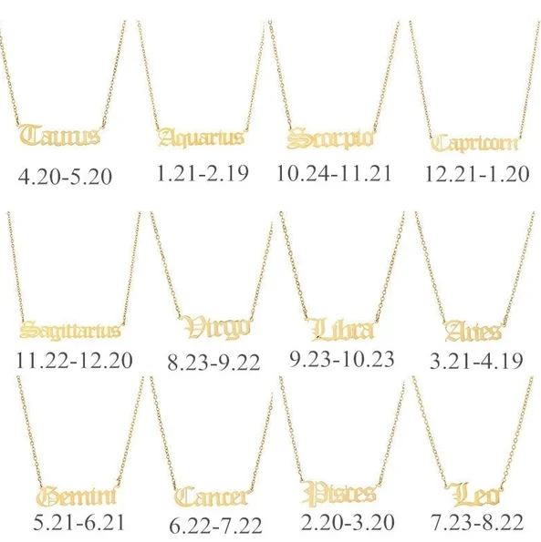 

Women Girls Astrology Jewelry Old English Letter Horoscope Necklace 18 inch Gold Plated Chain with Zodiac Necklace, Gold color