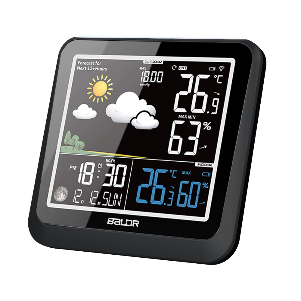 

BALDR B0336 Digital Color Weather Station Wireless Thermometer Hygrometer with Sensor Weather Forecast Moon Phase, Black