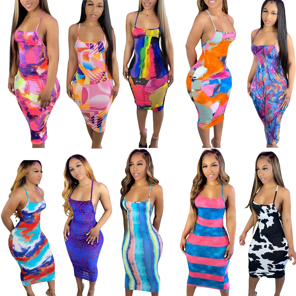 

H6639 - women sexy bandage sleeveless printed backless min dresses