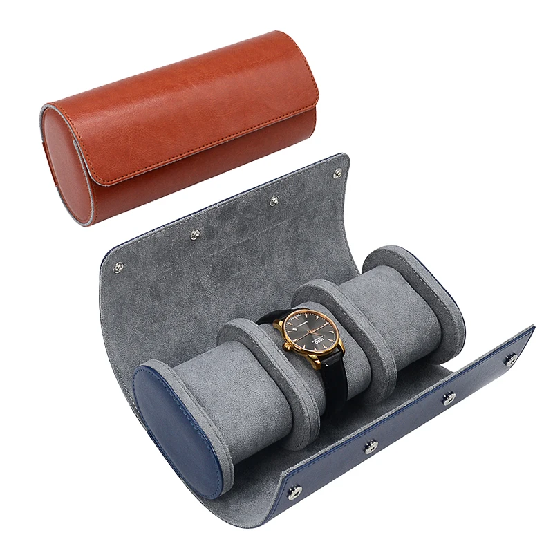 

High End Custom Logo watch travel case Luxury Good 3 Slots Leather Watch Roll, Blue/brown