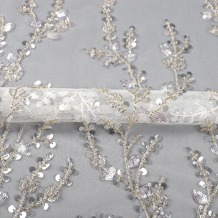 

MX650 luxury High quality tulle heavy big sequin net embroidery fabric lace with beads, White,custom
