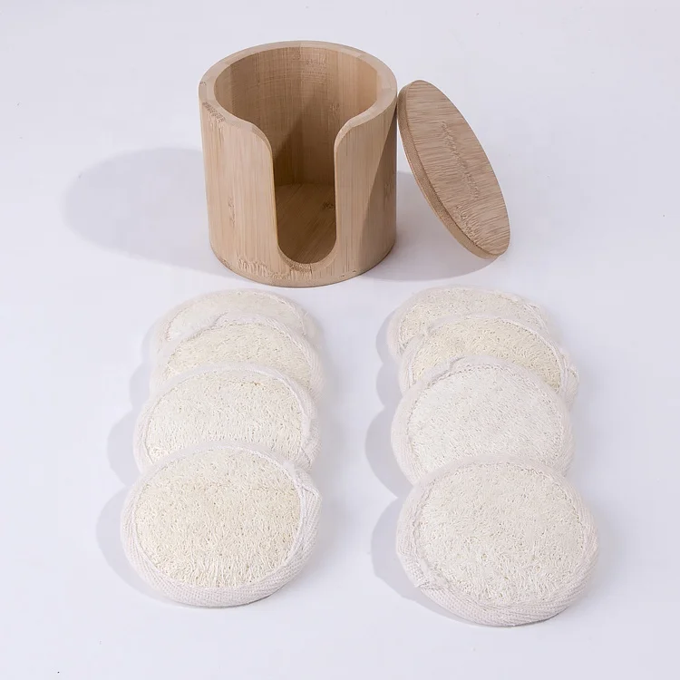 

8pcs Set Private Label Reusable Loofah makeup remover Makeup Make Up Pads With Bamboo cylinder case, Natural loofah color