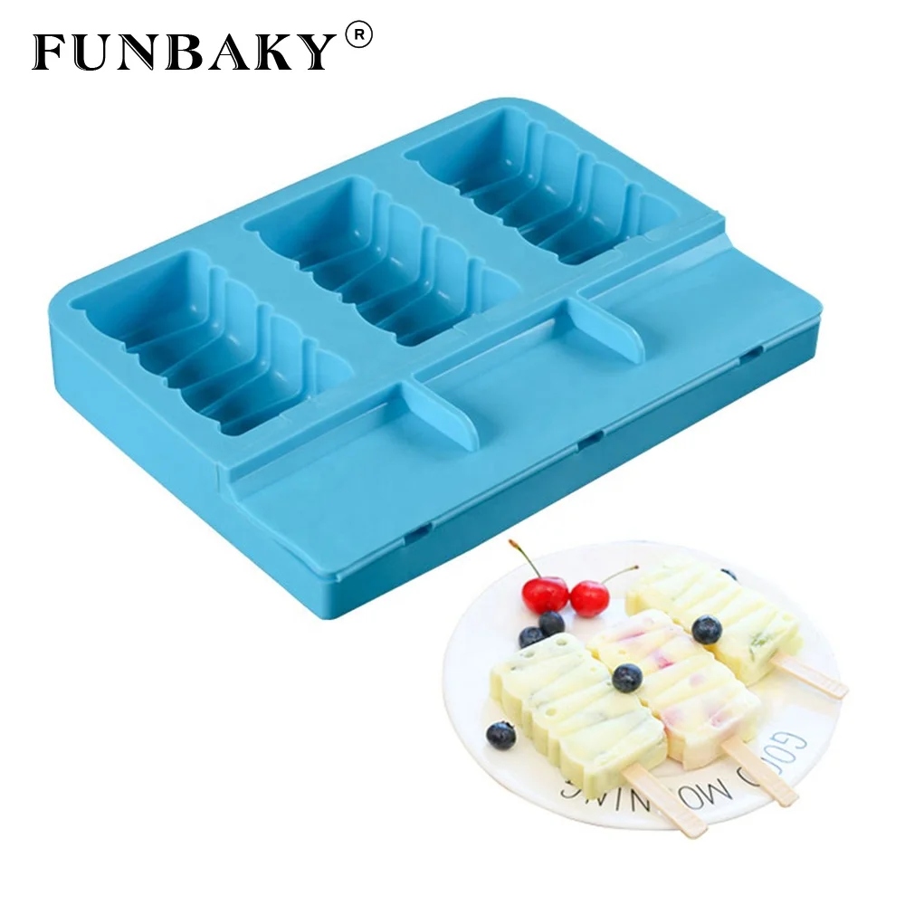

FUNBAKY Food grade ice cream silicone mold 3 cavity rounded rectangle stripe printed popsicle molds pop making tools, Customized color