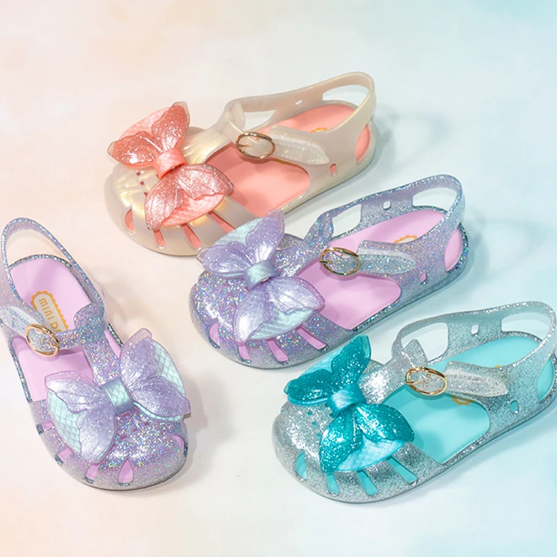 

MINI DD Princess 2022 Girl Shoe High Quality Summer Children plastic Sandals Cute Luxury Baby Shoes Mermaids Bow Jelly Sandals
