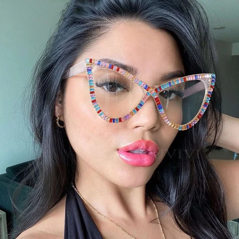 

7203 Luxury Women Big Frame Clear Lens Oversized Colorful Zircon Cat Eye Sunglasses Newest, 6 colors