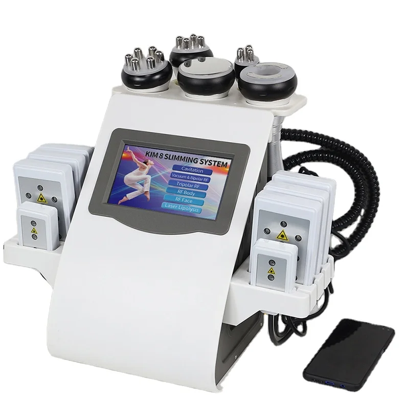 

Ex-factory price 6 in 1 best selling 8 new super decent cavitation radio frequency vacuum weight loss machine, White
