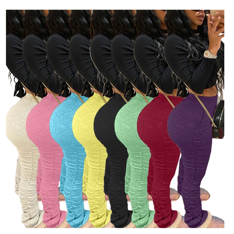 

2020 New ribbed sweatpants women joggers ruched stacked pants leggings set for woman, 6 colors