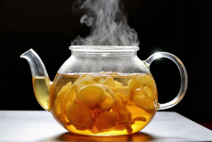Fresh ginger slices steeping in clear glass teapot with steam rising