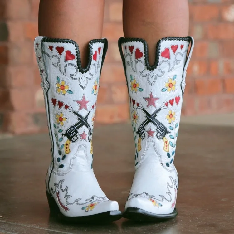 

BUSY GIRL XY4927 embroidered heart flowers star cowboy boots for women 2023 autumn winter block heels western knee high boots