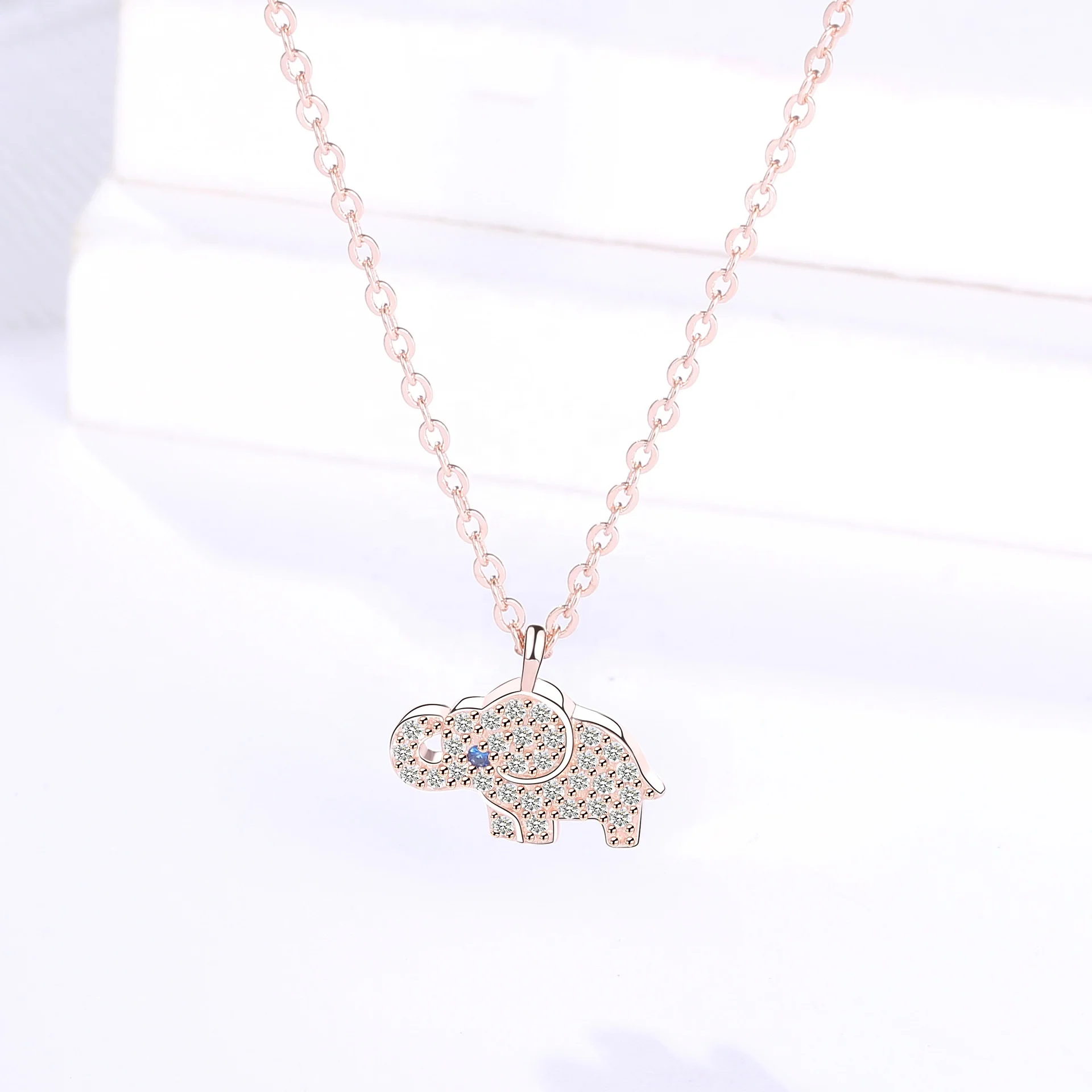 

Blue Eyes Lovely Animal Pendant Jewelry Zircon 925 Sterling Silver Elephant Necklace, Rose gold