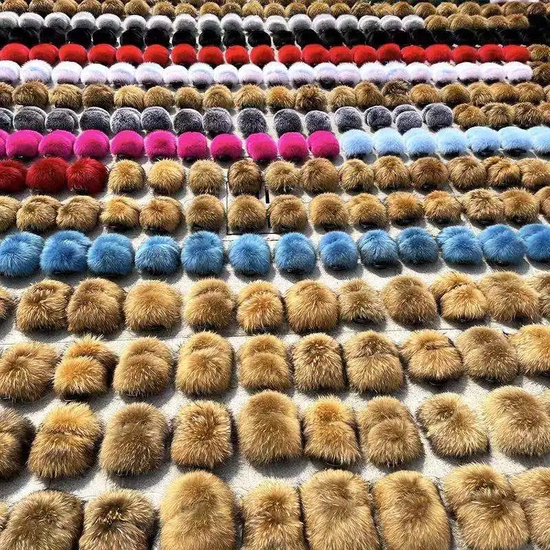 

Fur Slippers Slides For Women Open Toe Real Raccoon Girls Fluffy House Slides Outdoor, Customized color