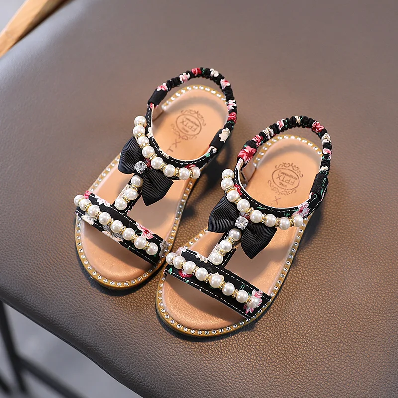 

2022 summer new Korean version of the children's sandals girls open toe pearl princess shoes children's soft-soled female baby s, Pink/black/white