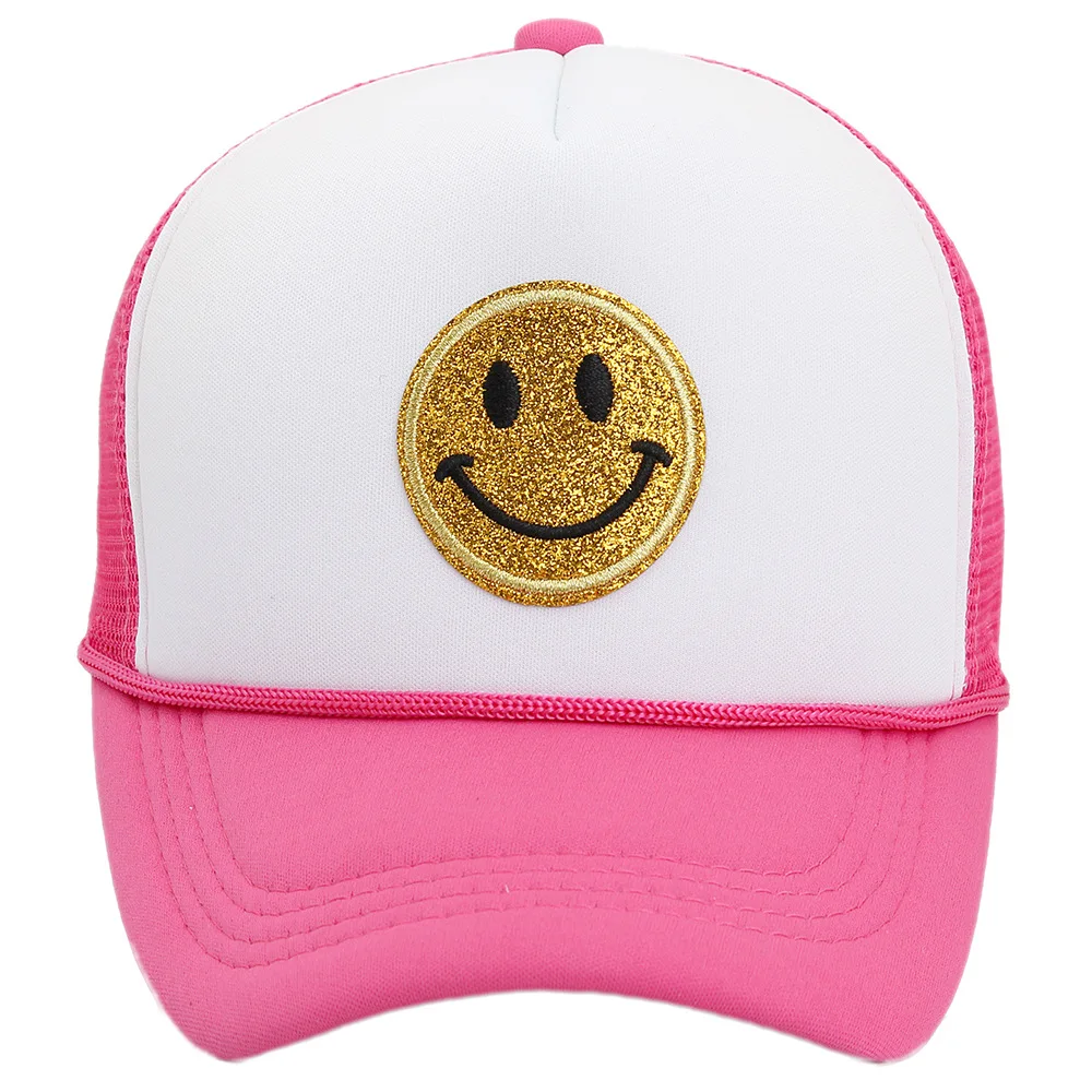 

Free shipping custom patch logo foam High Crown Sequins Printing women smiley face Mesh Back trucker cap mesh