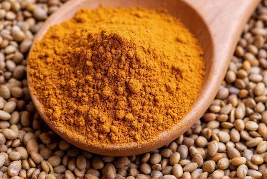 Close-up of cumin powder in a wooden spoon with whole cumin seeds scattered around, natural lighting