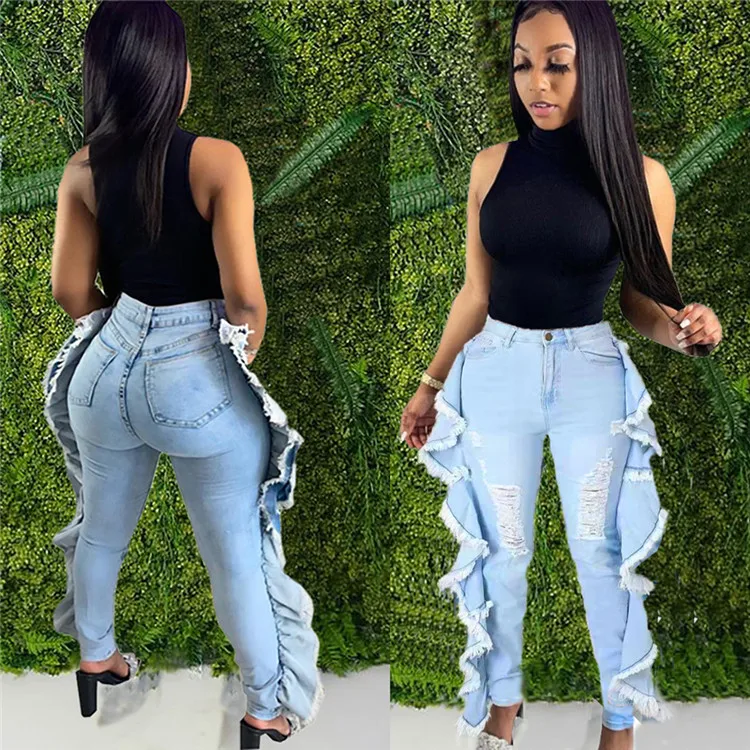 

LvCong 2022 New style fashion plus size women's autumn and winter blue stretch ripped jean pants