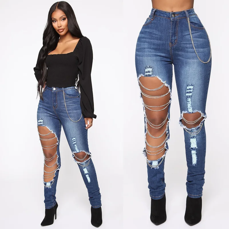 

2021 New Women's Strap High Wait Stretch Cotton Feet Pants Ripped Jeans With Chain