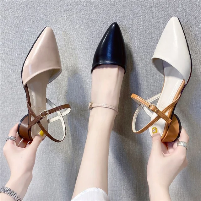 

2021 summer new cool thick with pointed toe all-match thin belt buckle flat heel women's shoes, Different colors and support to customized