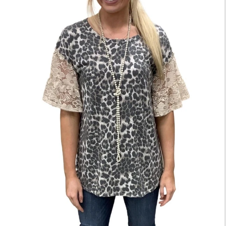 

Wholesale Hot Selling Hollow Short Sleeve Casual Lady Leopard Lace Splice T Shirt