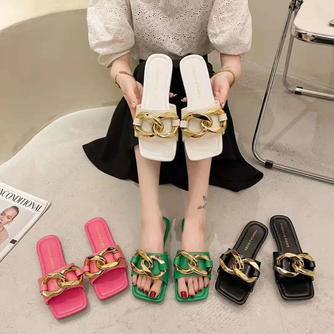 

2022 New Arrival Summer Flat Women's Chain Shoes Slides Beach Ladies Sandals And Slippers For Woman