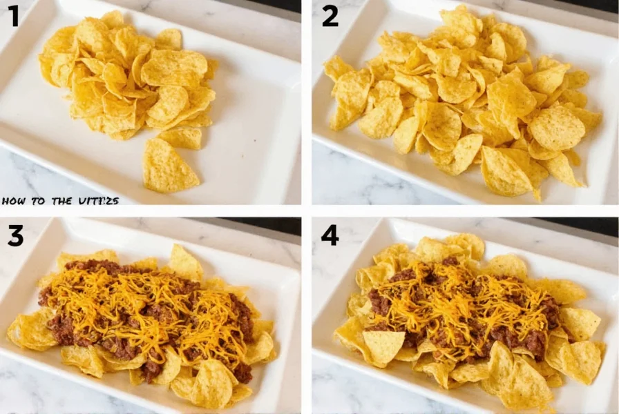 Step-by-step preparation of homemade chili fritos showing corn chips topped with chili and melted cheddar cheese