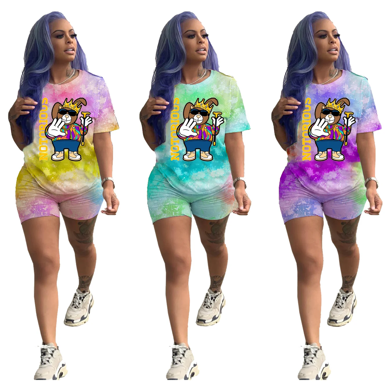 

FM-D9247 Best sell fashion and leisure tie dye cartoon printed short sleeve womens summer 2 piece shorts set, As pictures
