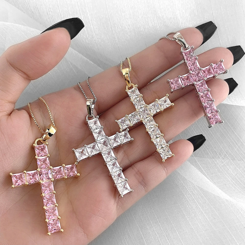

Wholesale Pendant iced out pink crystal cross necklace Gold Cross Pendant chokers Necklace