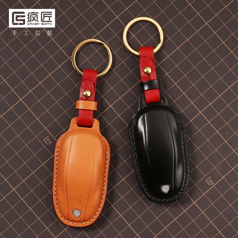 

2021 NEW Handmade High Grade Craft Gift Genuine Leather Smart Car Key Case Cover for Tesla Model S, 17 color available
