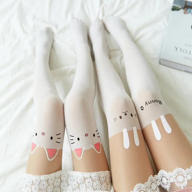 

Women Sexy Tights Girls Stockings Cat Pattern Print Cartoon Silk Pantyhose 100% nylon, Black,white,beige