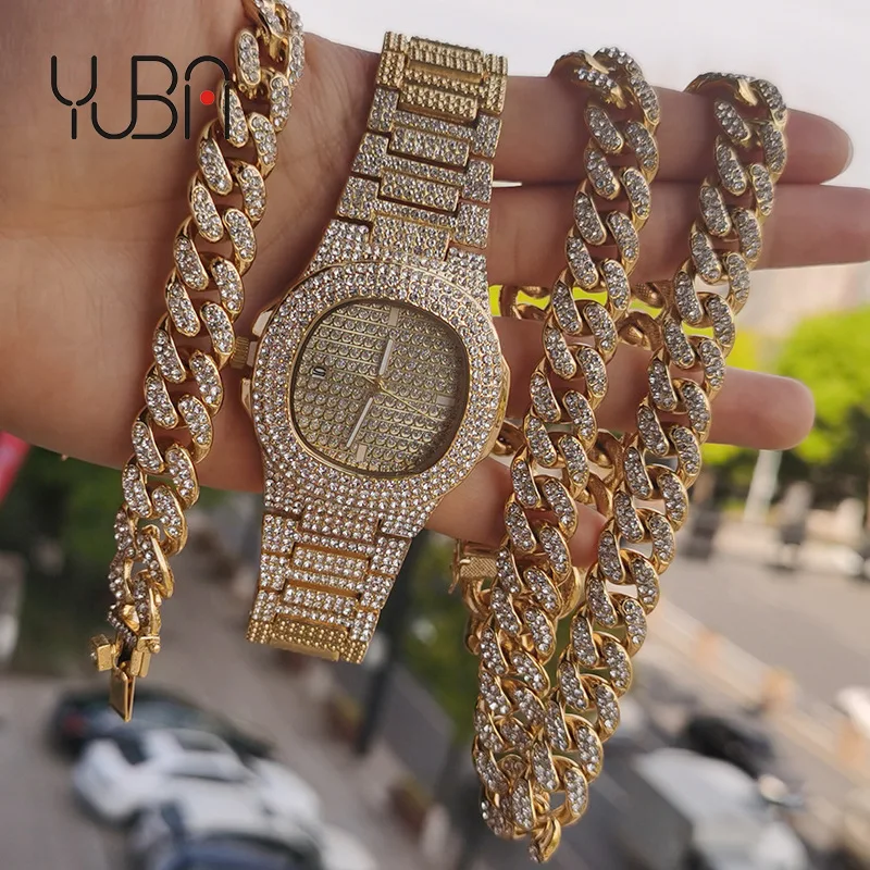

Explosive Full Diamond Watch 12Mm Gold-Plated Necklace Bracelet Men'S Jewelry Set, Silver, gold