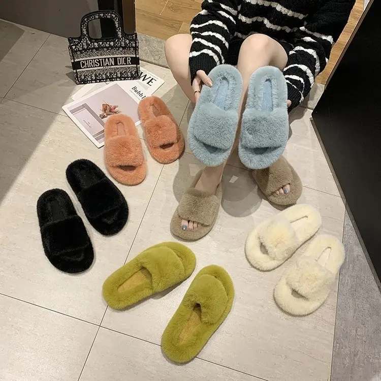 

Fashion Women Vegan Faux Fur Slider Slippers Open Toe Mule Fluffy House Slide Ladies Winter Warm Slippers, All color available