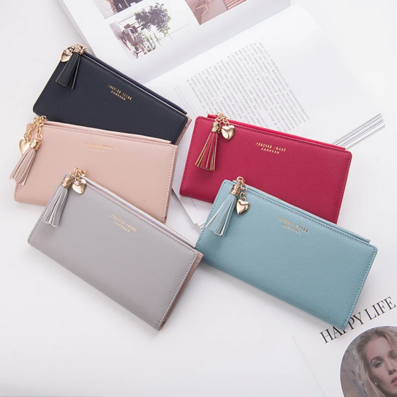 

Wholesale selling new design lady wallet good pu leather wallet love tassel wallet, Red / black / pink / blue / grey