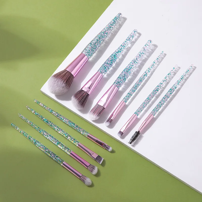 

high quality custom private label rose quartz glitter diamond bling crystal make up brushes 10 set with brow