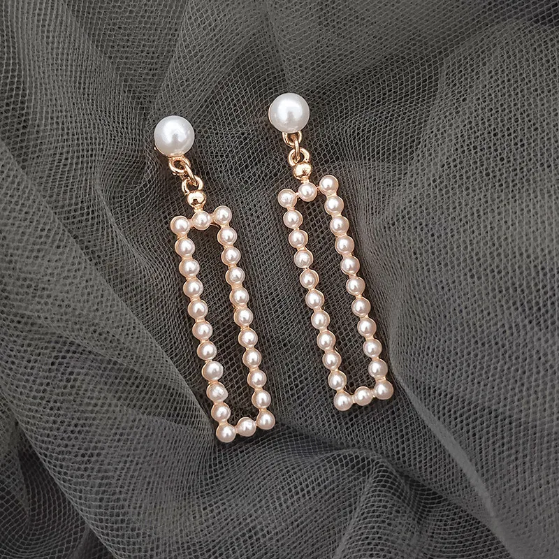 Korean Superior Geometric Drop Earrings Gold Rectangle Hanging Pearl Earrings for Women Girls Jewelry