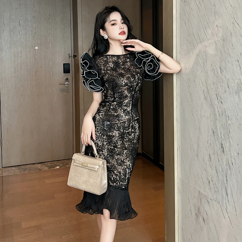 

ZYHT 10772 Hot Selling Summer Lace Party Women Dresses Sequin Puff Sleeves Black Elegant Evening Dress Luxury