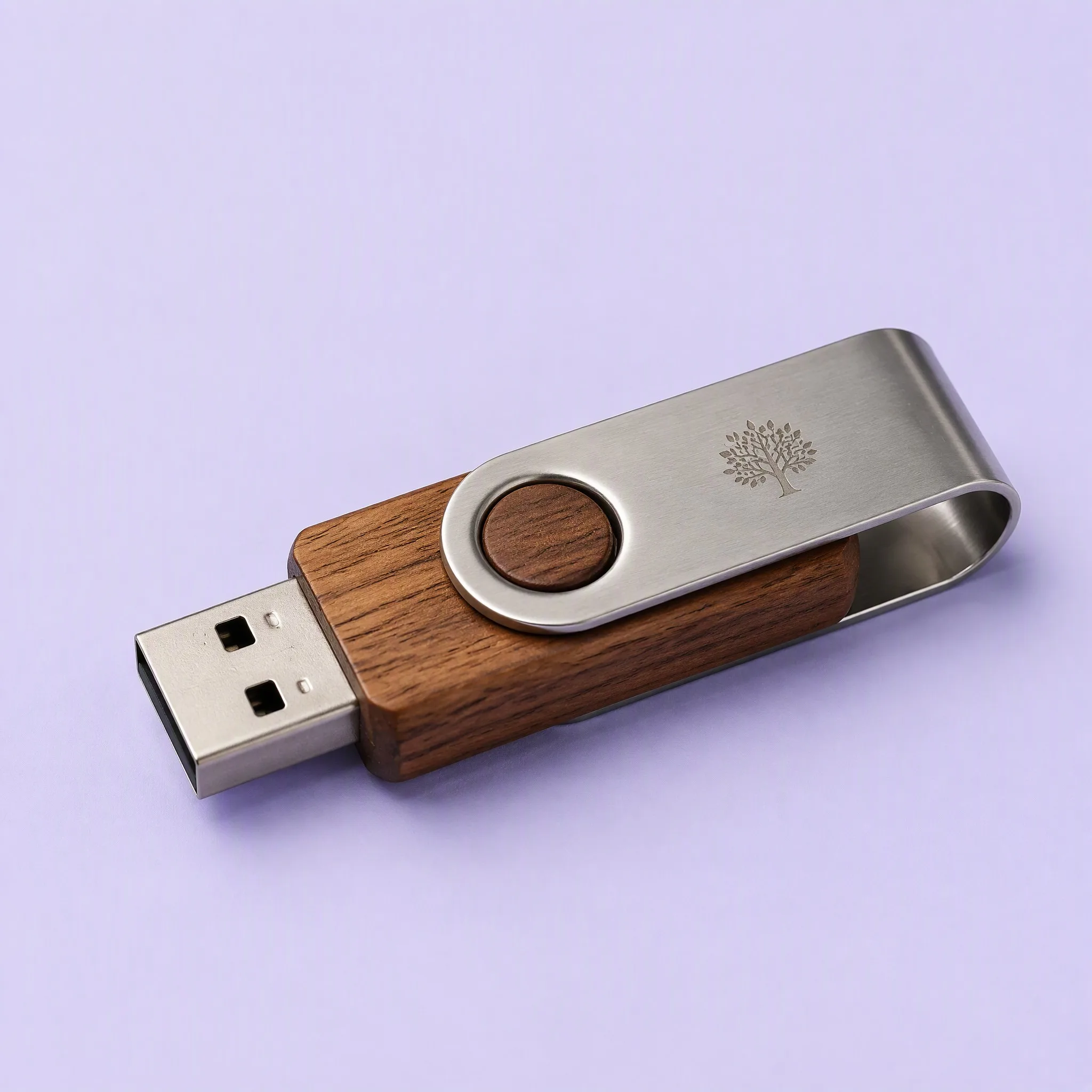 Natural Walnut Wood 360 Swivel USB Flash Drive with Brushed Stainless Steel Clip and Tree of Life Engraving