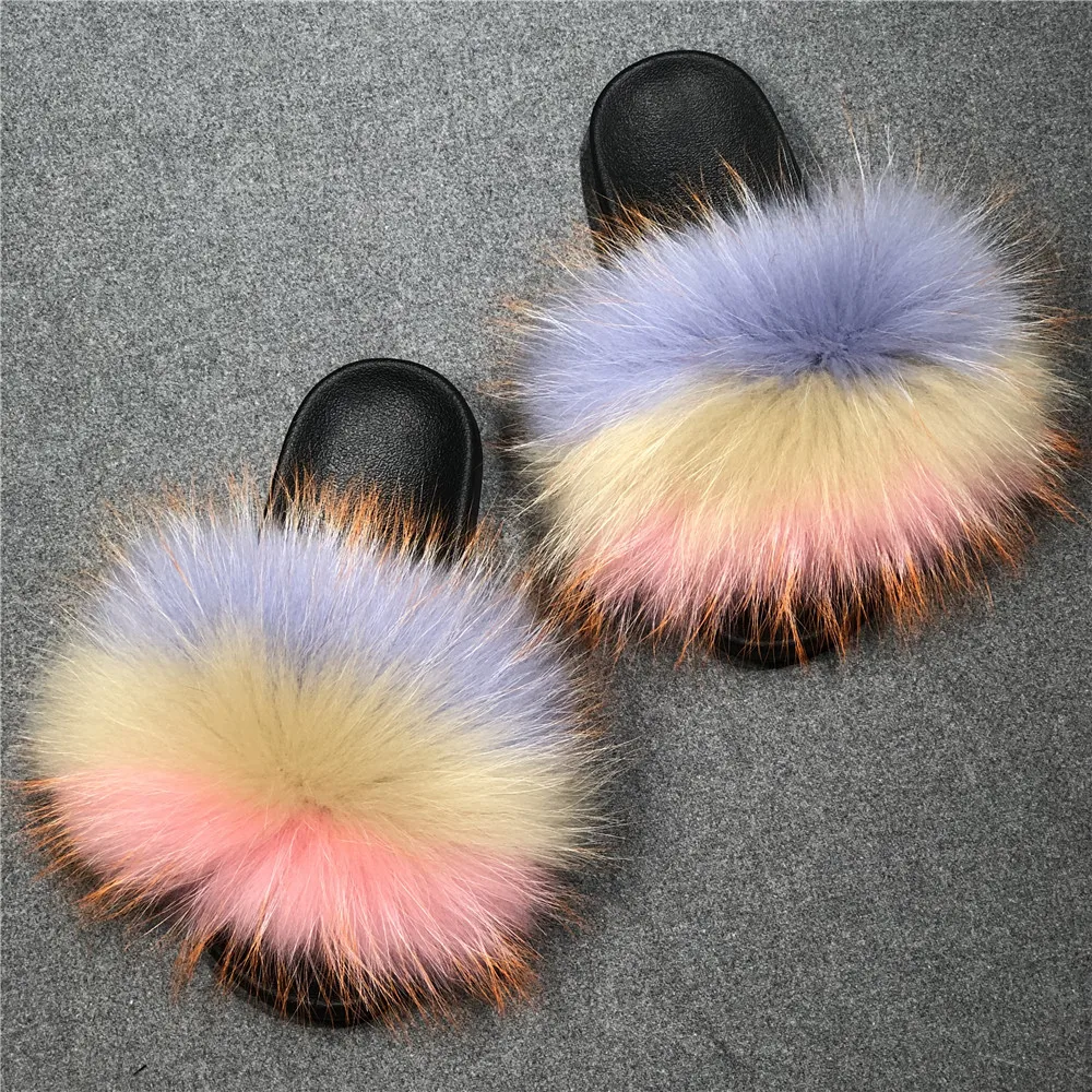 

2020 Summer fox fur slides Cute Plush Fox slippers 100% real fox hair luxury fashion beach flat sandals ladies big fur slides, As picture show or customized