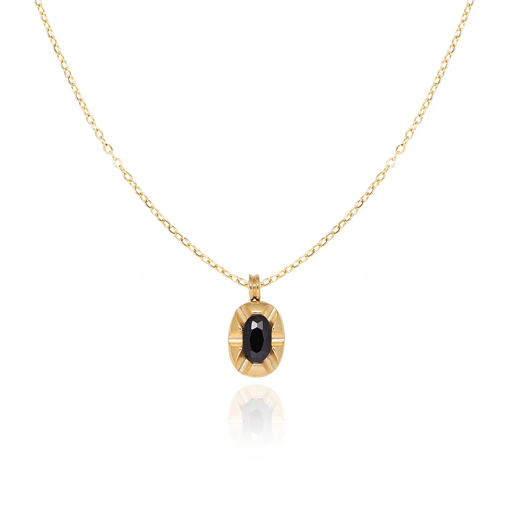

Joolim 18K Gold Plated Oval Black Zircon Carve Pendant Necklace Stainless Steel Tarnish Free Jewelry