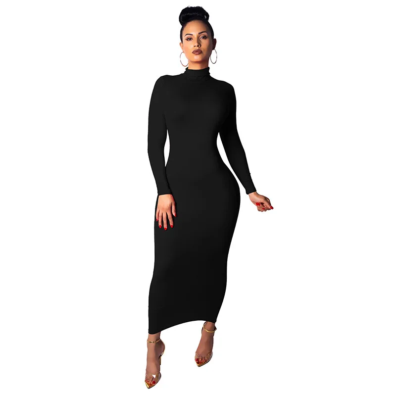

Hot sale autumn ladies bodycon dresses sexy women full sleeve high collar long evening dress