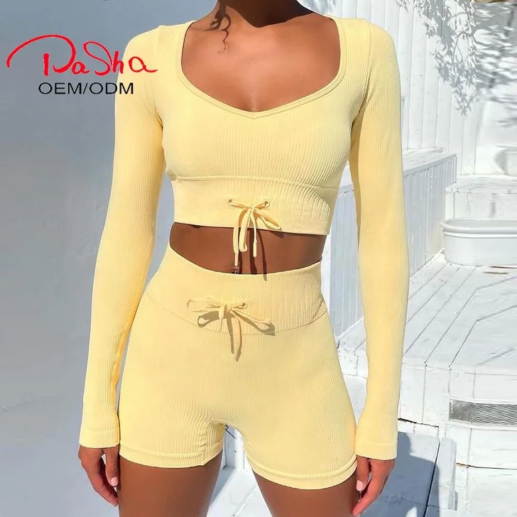 

Pashasunshine 2021 New Hot Women Summer Gym Wear Candy Color Yellow Cropped Ribbed Long Sleeves Booty Shorts Set Activewear, As picture