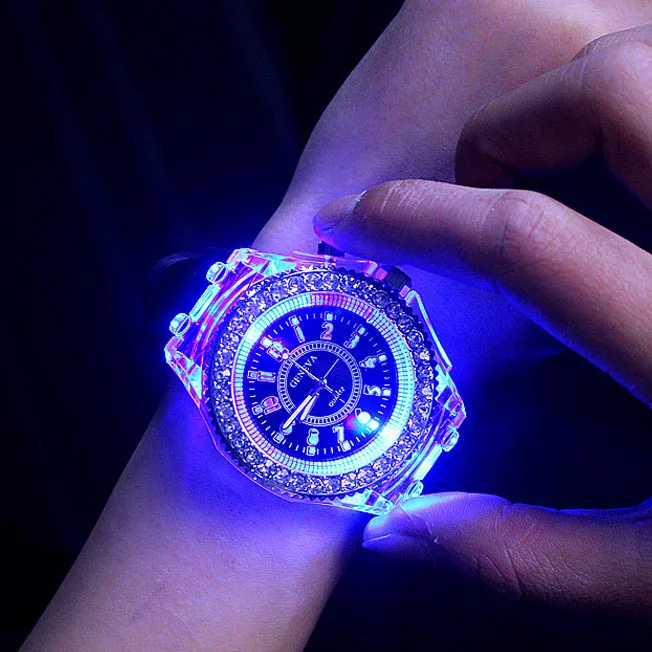 

Fashion Rhinestones Led Lights Luminous Electronic Watch Transparent Silicone Watches, Black,white,pink,sky blue,dark blue