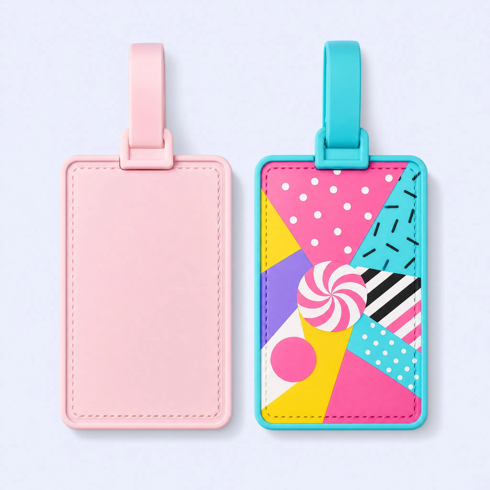 Custom 3D Soft PVC Luggage Tag Front Pop Swirl and Back Identification Comparison