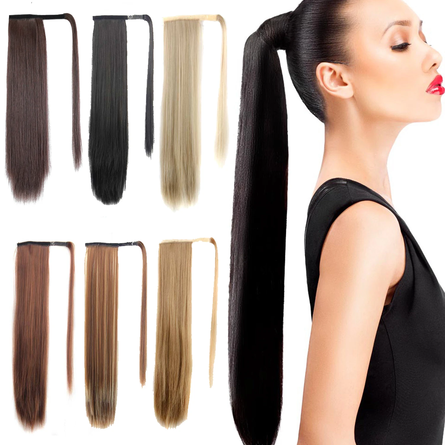 

High Quality Wholesale 24 Inch Silky Straight Pure Color Ponytail Clip In Ponytail Hair Extensions, Picture