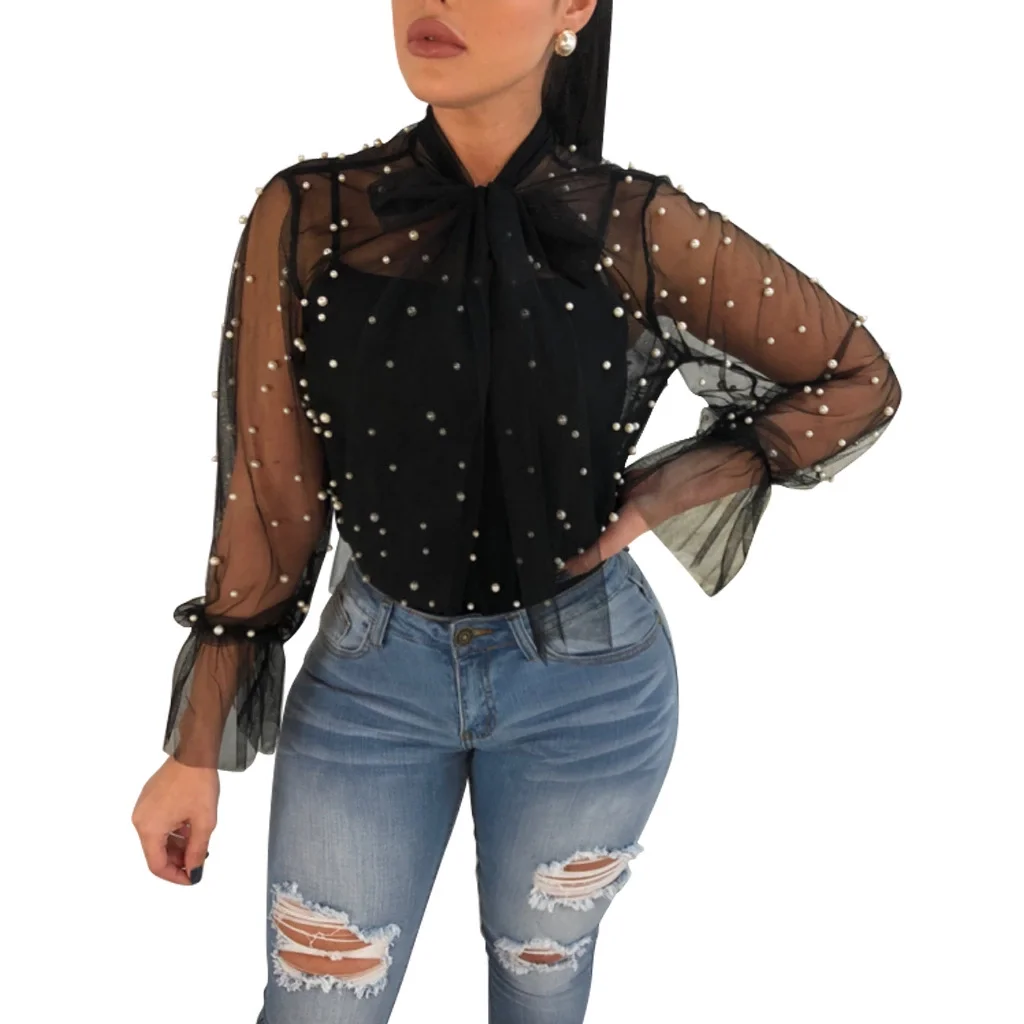 

Amazon Hot Selling women o-neck Bead-Embellished Fashion ladies top blouse